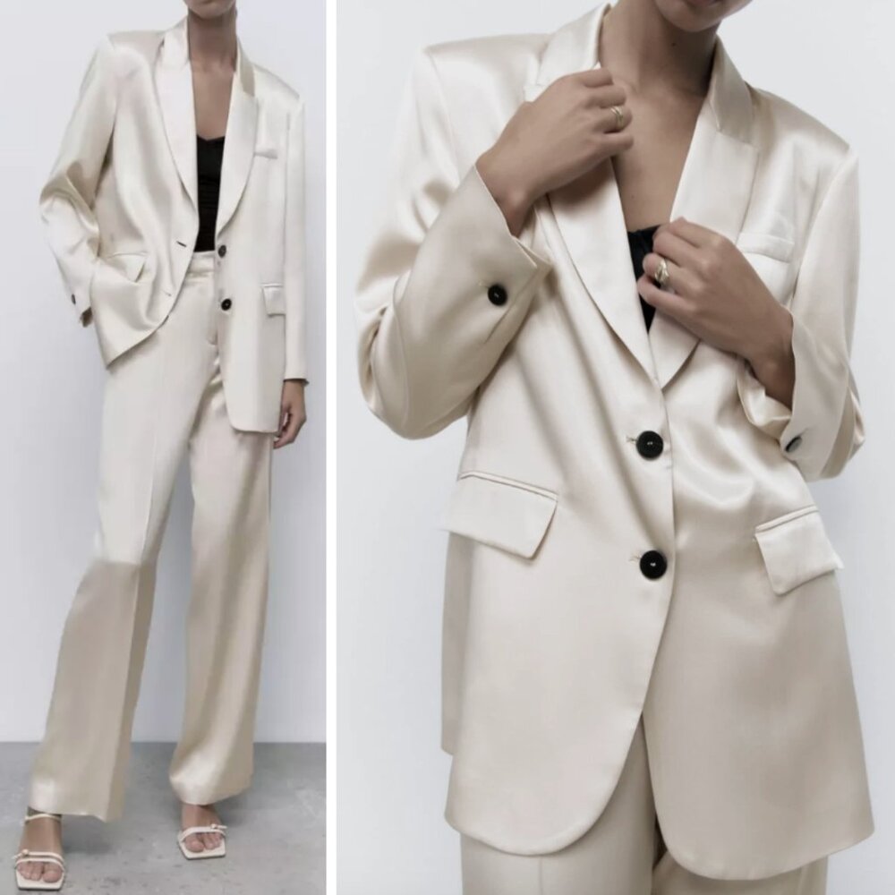 NEW Zara Satin Effect Oversize Blazer Jacket Champagne Cream Minimalist Party